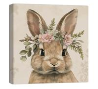 ZQQART Bunny Canvas Wall Art Cute Animal Wearing a Flower Crown Picture Prints Retro Easter Rabbit Paintings Nursery Baby Room Wall Decor Frame(16.00" x 16.00")