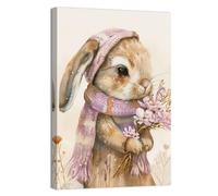 ZQQART Bunny Canvas Wall Art Funny Rabbit Scarf Picture Poster Flower and Animal Paintings Winter Christmas Canvas Prints Bedroom Home Decor Framed(Pink,12.00" x 18.00")
