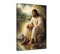 ZQQART Christian Wall Art Religious Canvas Painting Art Jesus Sitting by the River Pictures God Poster Bedroom Decor Framed(Gold,12L x 18W)