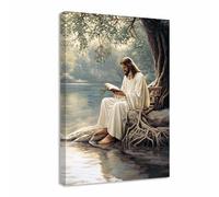 ZQQART Christian Wall Art Religious Canvas Painting Art Jesus Sitting by the River Pictures God Poster Bedroom Decor Framed(White,12L x 18W)