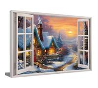 ZQQART Christmas Canvas Wall Art Christmas Tree in Snow with Window Pictures Prints Snowman Poster Winter Village Art 3D Window Framed Painting (Orange,12.00" x 18.00")