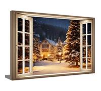 ZQQART Christmas Landscape Canvas Wall Art Christmas Tree in Snow with Window Pictures Prints Winter Forest Art 3D Window Framed Painting Framed (Gold,28.00" x 42.00")