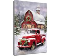 ZQQART Christmas Red Truck Canvas Wall Art Red Car Old Snowy Barn Picture Prints Truck Winter Scene Painting Xmas Holiday Poster Decor Framed (White,12.00" x 18.00")