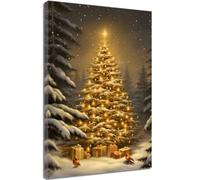 ZQQART Christmas Trees Canvas Wall Art Winter Christmas Theme Pine Tree in Snow Picture Merry Christmas Tree Artwork Christmas Tree Poster Framed (Gold,28.00" x 42.00")