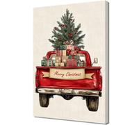 ZQQART Christmas Truck Canvas Wall Art Red Car Picture Prints Truck with Snowman Artwork Barn Truck with Christmas Tree Poster Winter Scene Painting (Red,16.00" x 24.00")