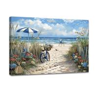 ZQQART Coastal Canvas Wall Art Bicycle with Floral Picture Wall Decor Blue Beach Landscape Painting Print Bathroom Decor Frame(Beach 1,16.00" x 24.00")