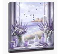 ZQQART Coastal Lavender Bathroom Canvas Wall Art Rustic Still Life Seascape Wall Decor Purple Floral Butterfly Artwork Beach Theme Painting Home Decor (blue,40L x 40W cm)