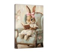 ZQQART Easter Canvas Wall Art Cute Rabbit Reading a Book Picture Wall Decor Bunn Poster Prints Animal Painting Study Library Decor Framed(Pink,12.00" x 18.00")