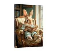 ZQQART Easter Canvas Wall Art Cute Rabbit Reading a Book Picture Wall Decor Bunn Poster Prints Animal Painting Study Library Decor Framed(White,16.00" x 24.00")