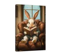 ZQQART Easter Canvas Wall Art Cute Rabbit Reading a Book Picture Wall Decor Bunn Poster Prints Animal Painting Study Library Decor Framed(Brown,12.00" x 18.00")