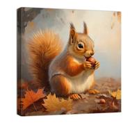 ZQQART Fall Canvas Wall Art Cute Squirrel Poster Orange Maple Leaf Picture Autumn Forest Print Painting Artwork Thanksgiving Wall Decor Framed(Orange,16.00" x 16.00")