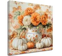 ZQQART Fall Pumpkin Sunflower Canvas Wall Art Pumpkin with Flower Picture Poster Prints Farmhouse Harvest Themed Thanksgiving Festival Decor Framed (Orange,12.00" x 12.00")