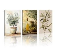 ZQQART Farmhouse Kitchen Olives Canvas Wall Art 3PCS Vintage Green Olives Branch Picture Poster Rustic Plant Prints for Dining Room Cafe Restaurant Frame (28x35cmx3)