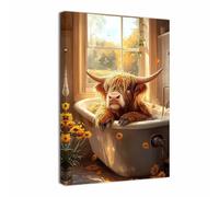 ZQQART Funny Bathroom Canvas Print Wall Art Highland Cow in the Bathtub Picture Calf Bathing Poster Animal Sunflower Paintings Toilet Wall Decor(White,12.00" x 18.00")