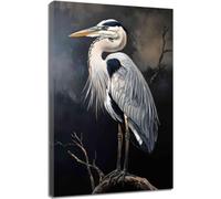 ZQQART Grey Heron Bird Canvas Wall Art Vintage White Egret Poster Coastal Stork on Reed Picture Prints Black White Crane Painting for Home Decor (White,16W x 24L)