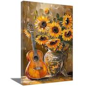 ZQQART Guitar Canvas Wall Art with Sunflower Rustic Guitar Picture Prints Musical Themed Painting Music Lovers Gifts Home Decor Framed (Yellow,24.00" x 36.00")