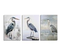 ZQQART Heron Canvas Wall Art 3 PCS Heron Bird Animal Picture Prints Vintage Wildlife Egret Painting Blue Great Heron Standing on the Water Poster (Blue,20W x28L x3)