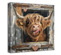 ZQQART Highland Cow Farmhouse Wall Art Funny Cattle Canvas Painting Art Vintage Farm Cow Picture Prints Rustic Bathroom Bedroom Decor Framed(Grey,18.00" x 18.00")