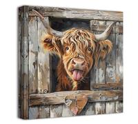 ZQQART Highland Cow Farmhouse Wall Art Funny Cattle Canvas Painting Art Vintage Farm Cow Picture Prints Rustic Bathroom Bedroom Decor Framed(Brown,20.00" x 20.00")