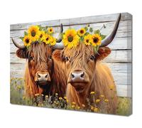 ZQQART Highland Cows and Sunflowers Artwork Rustic Cattle Painting Prints Western Animals Picture Farmhouse Longhorn Cow Poster for Kitchen (Sunflowers Cow,16.00" x 24.00")