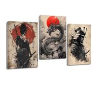 ZQQART Japanese Samurai Wall Art Set of 3 Geisha Samurai Pictures Prints Japan Warrior Canvas Painting Bedroom Living Room Decor (Brown,12W x16L x3)