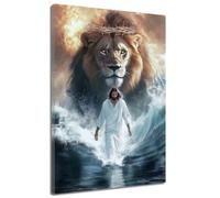 ZQQART Jesus Pictures for Wall Lion of Judah Jesus Christ Walking on Water Prints on Canvas Inspirational Gifts for Home Decor (Blue,24L x 36W)
