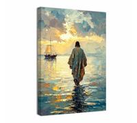 ZQQART Jesus Wall Art God Walking on Water Canvas Painting Art Christian Poster Prints Religious Picture Church Prayer Room Decor Framed(Gold,12.00" x 18.00")