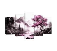 ZQQART Landscape Canvas Wall Art Set of 5 Blue Tree Picture Mountains and Rivers Painting for Living Room Bedroom Wall Decor Framed(Pink,10x16inx2 10x20inx2 10x24inx1)