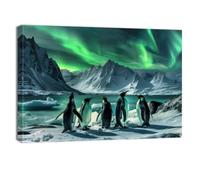 ZQQART Large Northern Lights Canvas Wall Art Penguin Family Painting Prints Green Aurora Scenery Picture Living Room Home Wall Decor Framed(White,12.00" x 18.00")