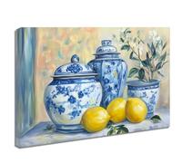 ZQQART Lemon Picture Wall Art Kitchen Canvas Prints Yellow Lemon with Pottery Blue Painting Vintage Fruit Botanical Dining Room Farmhouse Decor (White,30x45cm)