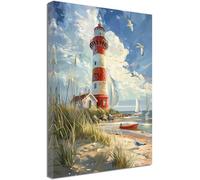 ZQQART Lighthouse Ocean Canvas Wall Art Red Stripes Lighthouse Coastal Picture Painting Beach Ocean Boat Seagulls Picture Rustic Artwork (28W x 42L)