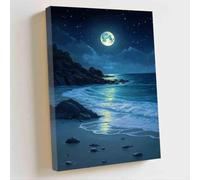 ZQQART Moon Canvas Wall Art Blue Moonlight Ocean Beach Seascape Painting Beach Landscape Pictures Coastal Bedroom Decor for Bedroom Living Room (navy,16W x 24L)
