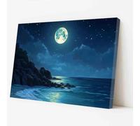 ZQQART Moon Canvas Wall Art Blue Moonlight Ocean Beach Seascape Painting Beach Landscape Pictures Coastal Bedroom Decor for Bedroom Living Room (blue,16W x 24L)