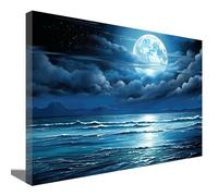 ZQQART Moon Sea Ocean Canvas Wall Art - Full Moon in Cloud Picture Prints, Blue Sea View, Natural Landscape Poster for Home Decor (24.00" x 36.00")