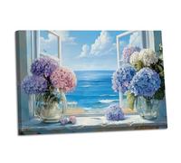 ZQQART Ocean Hydrangea Canvas Wall Art Hydrangea Open Window Painting Prints Country Floral Beach View Bathroom Picture Coastal Decor (white,40W x 60L cm)