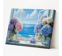 ZQQART Ocean Hydrangea Canvas Wall Art Hydrangea Open Window Painting Prints Country Floral Beach View Bathroom Picture Coastal Decor (white,40W x 50L cm)