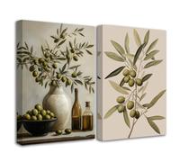 ZQQART Olive Kitchen Pictures for Wall Set 2 Olive Tree Canvas Prints Green Fruit Paintings Wine Poster Rustic Farmhouse Decor Framed(11.00"x14.00"x2P)
