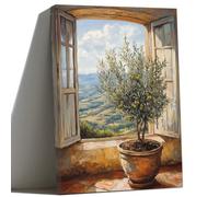 ZQQART Olive Tree Canvas Wall Art Countryside Green Olive Window View Painting Farmhouse Prints for Kitchen Bedroom Home Decor (24" Wx36 L)
