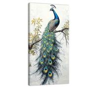 ZQQART Peacock Wall Art Beautiful Peacock Feather Canvas Prints Peacock Birds on the Branches Painting Animal Prints Art Bedroom Decor Framed(Teal,12.00"x24.00")