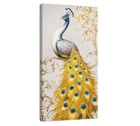 ZQQART Peacock Wall Art Beautiful Peacock Feather Canvas Prints Peacock Birds on the Branches Painting Animal Prints Art Bedroom Decor Framed(Gold,16.00"x32.00")