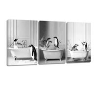 ZQQART Penguin Bathroom Picture Wall Decor 3PCS Cute Penguin Black and White Bathroom Animal Canvas Prints Nursery Kids Bathroom Decor (12"x16"x3)