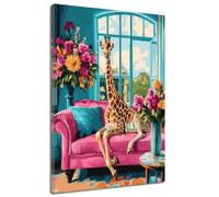 ZQQART Pink Animal Canvas Wall Art Abstract Peacock Painting Funny Giraffe Picture Cute Black Cat Poster Watercolor Animal Prints Framed (Blue,12.00" x 18.00")