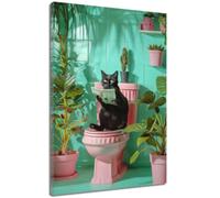ZQQART Pink Bathroom Cat Canvas Wall Art Funny Black Cat Reading Newspaper on Toilet Picture Prints Bathroom Animal Poster (Green,20.00" x 30.00")