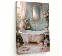 ZQQART Pink Bathroom Wall Art Rustic Floral Bathtub Decor Rose Canvas Botanical Pictures Luxury Bathroom Prints Toilet Restroom Decor Framed(12" L x 18" W)