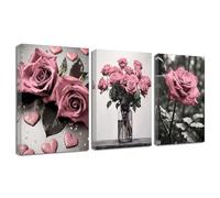 ZQQART Pink Rose Wall Art 3 PCS Bloom Pink Flower Canvas Prints Rustic Black and White Pink Floral Painting for Girls Room Wall Decor (Pink16.00" x 24.00" x 3)