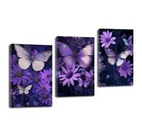 ZQQART Purple Butterfly Canvas Wall Art 3 PCS Vintage Pink Daisy Flower Picture Blue Butterfly Prints Nature Floral Painting for Bedroom Framed (Purple,12.00"x16.00"x3)
