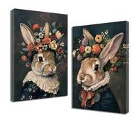 ZQQART Rabbit Canvas Wall Art 2 Pieces Vintage Bunny Flower Painting Cute Animals with Floral Crown Picture Prints Kids Baby Room Nursery Decor (Black,24.00" x 36.00" x 2)