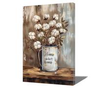 ZQQART Rustic Cotton Flowers Canvas Wall Art Farmhouse Cotton Bouquet Picture Prints Country Brown Painting for Bedroom Kitchen Home Decor (16L x 24W)