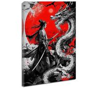 ZQQART Samurai and Dragon Canvas Painting Japanese Wall Art Warrior and Katana with Red Sun Poster Black White Picture Prints Framed (Red,16" x 24")