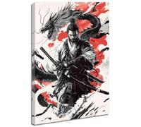 ZQQART Samurai and Dragon Canvas Painting Japanese Wall Art Warrior and Katana with Red Sun Poster Black White Picture Prints Framed (Black,12" x 18")